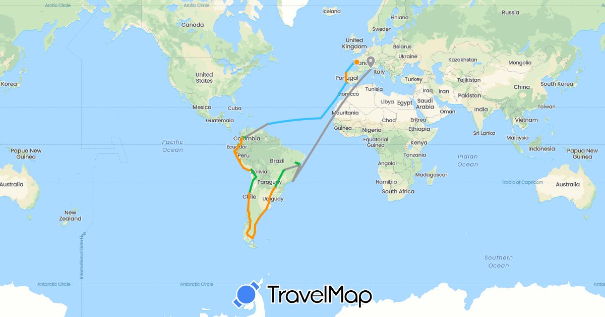 TravelMap itinerary: driving, bus, plane, boat, hitchhiking in Argentina, Barbados, Bolivia, Brazil, Chile, Colombia, Cape Verde, Ecuador, Spain, France, Peru, Portugal (Africa, Europe, North America, South America)